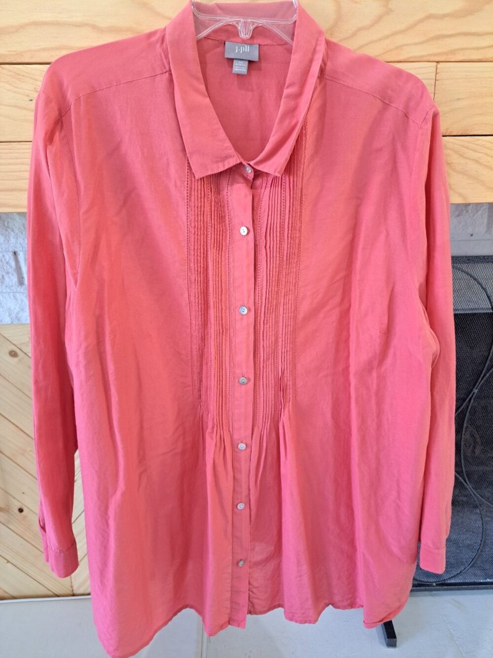 J. Jill 3XL Coral Pintuck Blouse Long Sleeve Button Front Silk Cotton Collared